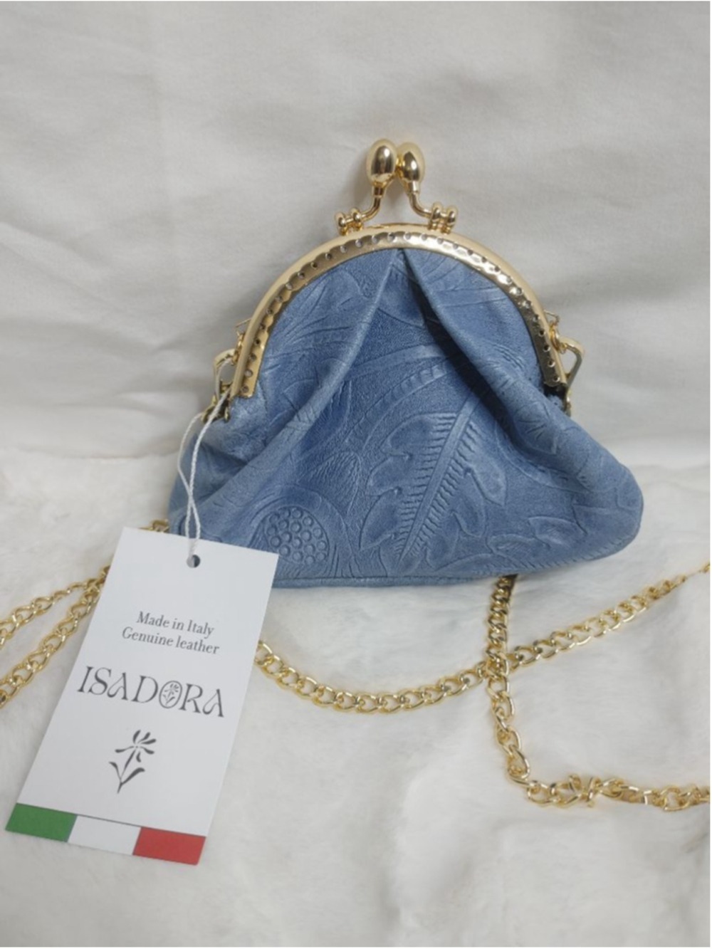 Women's ISADORA Light Blue Italian Leather Mini Bag w Gold Chain Tiktok Viral